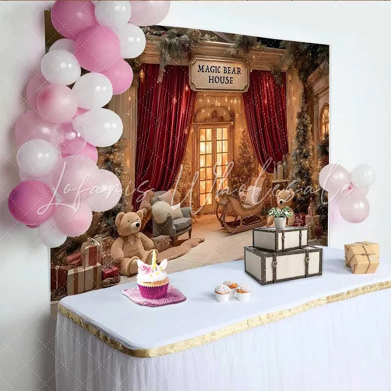Lofaris Christmas Magic Bear House Backdrop Red Velvet Curtains and Teddy Bear Sled Decoration