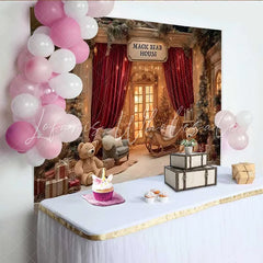 Lofaris Christmas Magic Bear House Backdrop Red Velvet Curtains and Teddy Bear Sled Decoration
