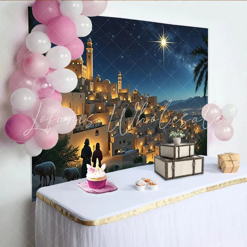 Lofaris Christmas Nativity Backdrop with Star of Bethlehem and Ancient Town Holiday Photography Background for Festive Decor