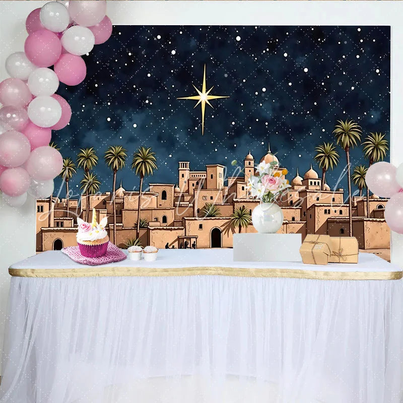 Lofaris Christmas Nativity Backdrop with Star of Bethlehem and Desert Town Holy Night Scene Photography Background for Holiday Decor