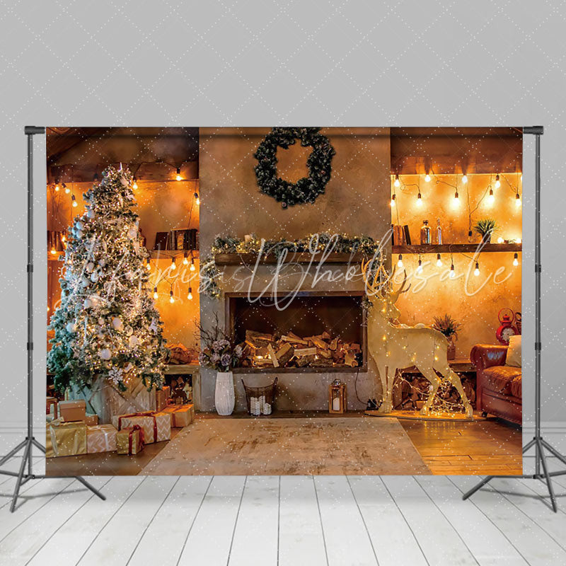 Lofaris Christmas Night Room Lights Fireplace Tree Backdrop