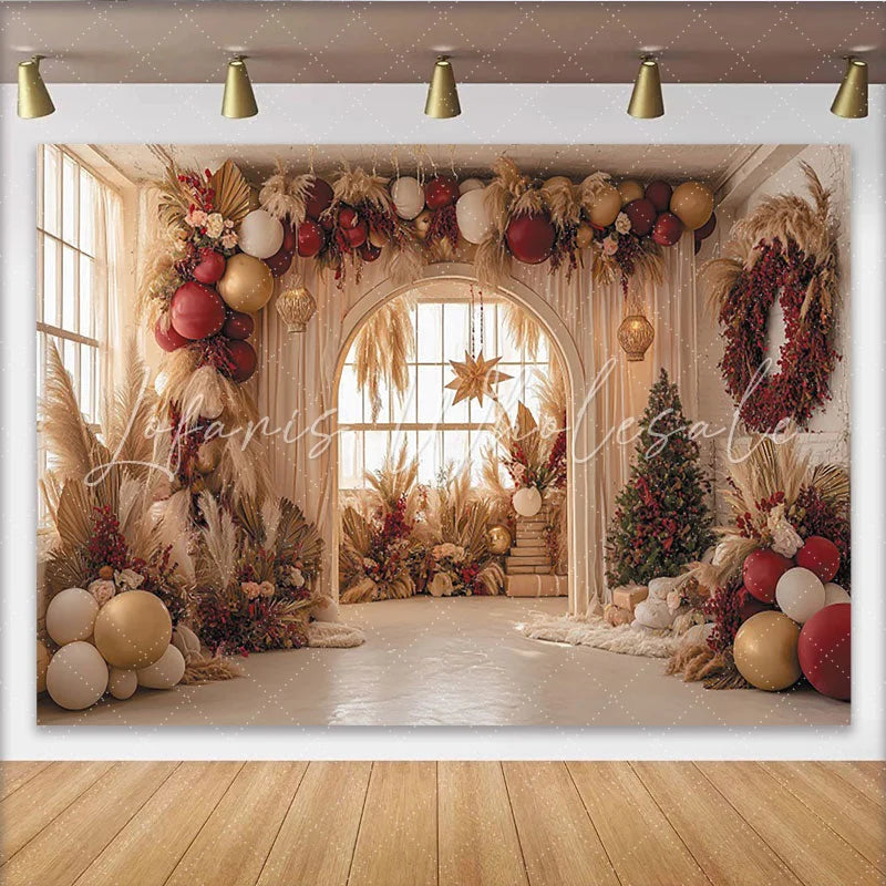 Lofaris Christmas Pampas Grass Balloon Backdrop with Red and Gold Decor Elegant Holiday Party Background for Festive Photoshoot