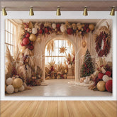 Lofaris Christmas Pampas Grass Balloon Backdrop with Red and Gold Decor Elegant Holiday Party Background for Festive Photoshoot