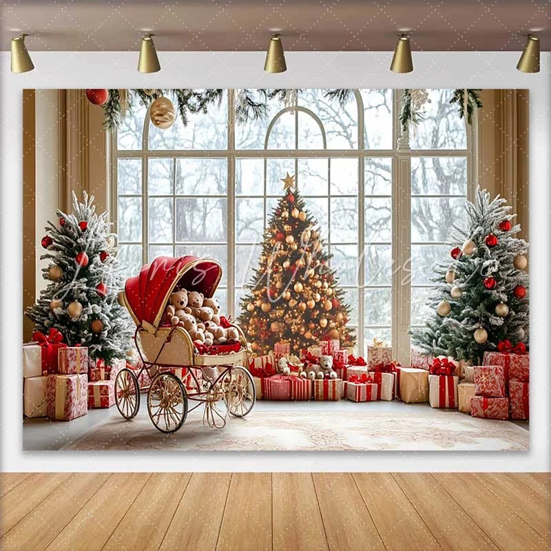 Lofaris Christmas Photography Backdrop Winter Window Snow Scene with Red Stroller and Teddy Bears