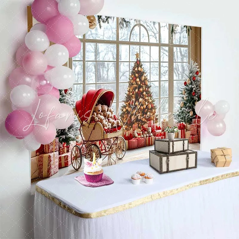 Lofaris Christmas Photography Backdrop Winter Window Snow Scene with Red Stroller and Teddy Bears
