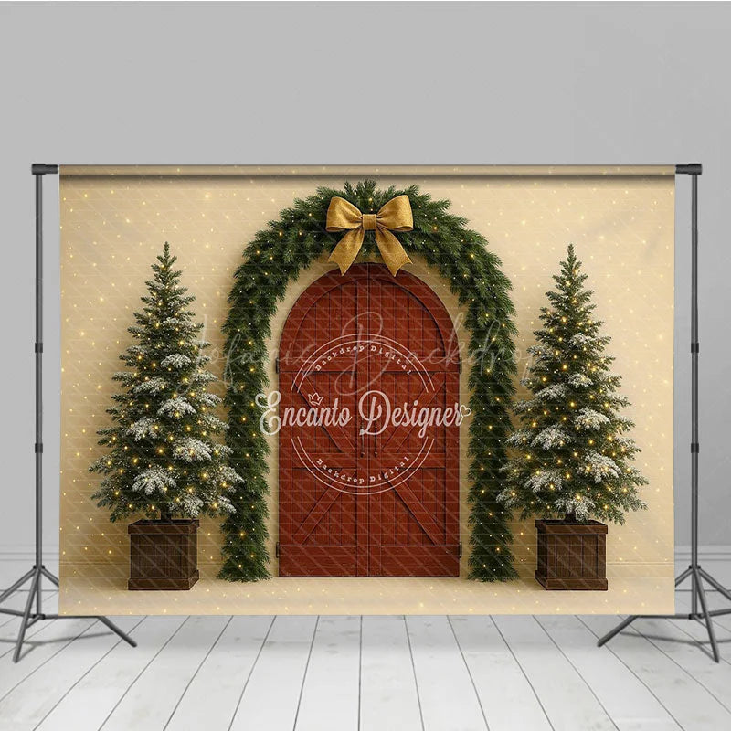 Lofaris Christmas Red Barn Door Photography Backdrop Rustic Garland Arch with Trees Farmhouse Holiday Photo Background