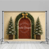 Lofaris Christmas Red Barn Door Photography Backdrop Rustic Garland Arch with Trees Farmhouse Holiday Photo Background