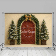 Lofaris Christmas Red Barn Door Photography Backdrop Rustic Garland Arch with Trees Farmhouse Holiday Photo Background
