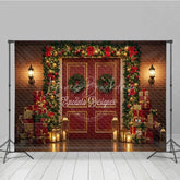 Lofaris Christmas Red Door Photography Backdrop Brick Wall with Garland and Presents Holiday Mini Session Background
