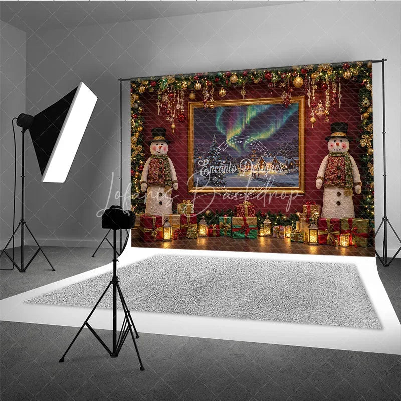 Lofaris Christmas Snowman with Northern Lights Photography Backdrop Elegant Red Wall Holiday Mini Session Background