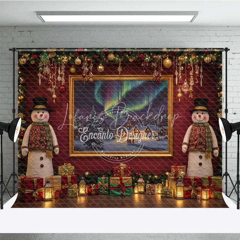 Lofaris Christmas Snowman with Northern Lights Photography Backdrop Elegant Red Wall Holiday Mini Session Background