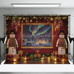 Lofaris Christmas Snowman with Northern Lights Photography Backdrop Elegant Red Wall Holiday Mini Session Background