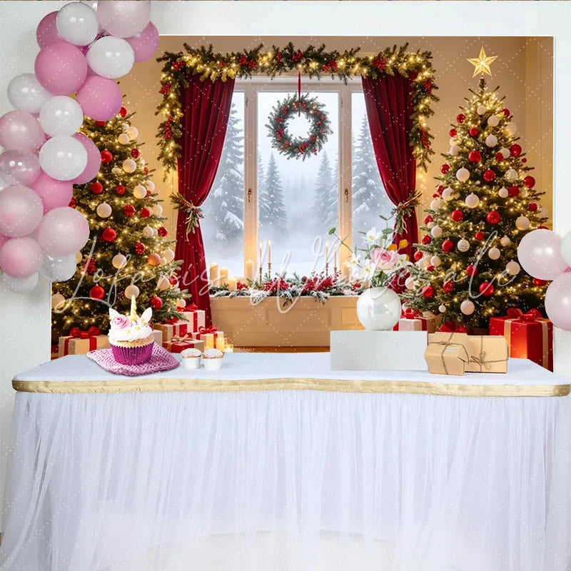 Lofaris Christmas Tree Backdrop with Red Ornaments and Glowing Lights Snowy Window Scene Holiday Photography Background for Winter Decor