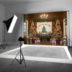 Lofaris Christmas Tree Farm Photography Backdrop Rustic Wood Sign with Poinsettia Farmhouse Holiday Background