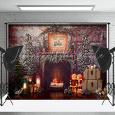 Lofaris Christmas Tree Vintage Brick Wall Fireplace Backdrop