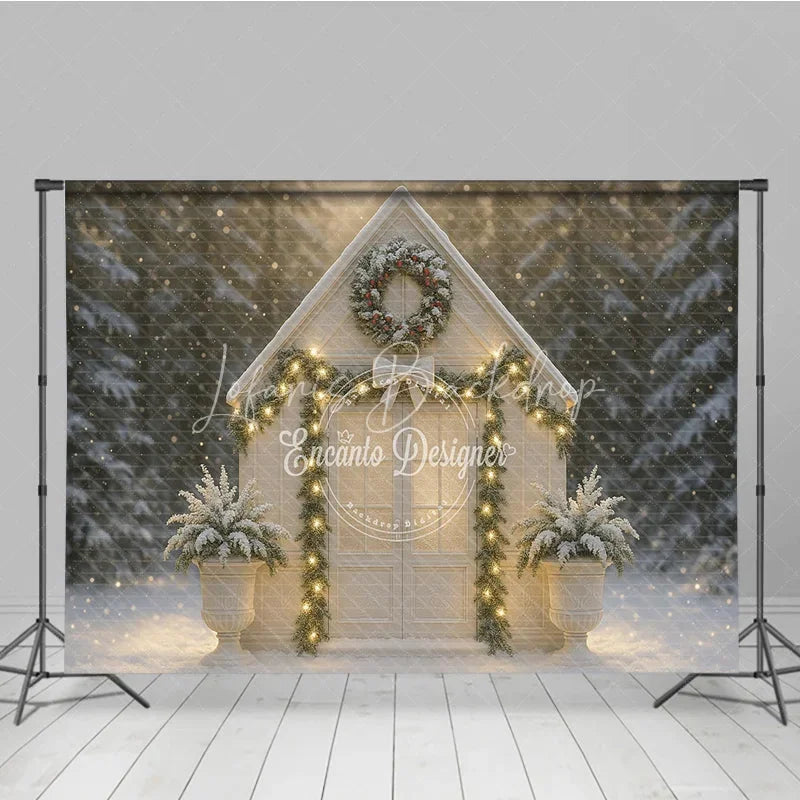 Lofaris Christmas White House Photography Backdrop Snowy Scene with Garland and Lights Holiday Mini Session Background