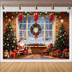 Lofaris Christmas Window Backdrop with Decorated Trees and Gifts Festive Holiday Background for Family Photoshoots and Party Decor