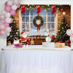 Lofaris Christmas Window Backdrop with Decorated Trees and Gifts Festive Holiday Background for Family Photoshoots and Party Decor