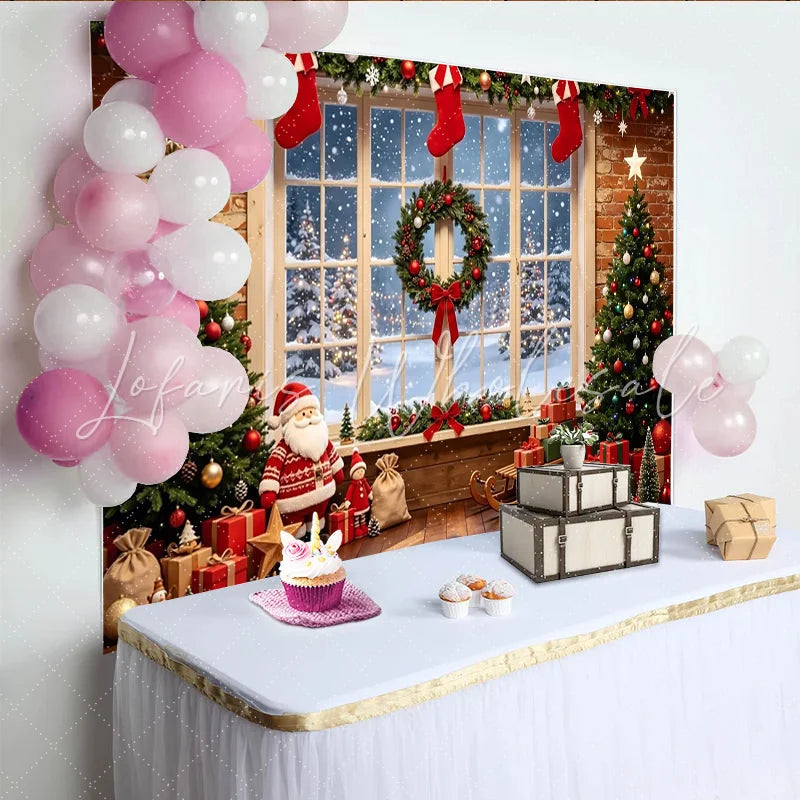 Lofaris Christmas Window Backdrop with Decorated Trees and Gifts Festive Holiday Background for Family Photoshoots and Party Decor