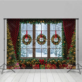 Lofaris Christmas Window Photography Backdrop Snowy View with Wreaths and Red Curtains Holiday Mini Session Background