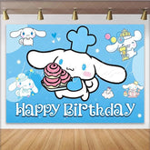 Lofaris Cinnamoroll Happy Birthday Backdrop for Boys or Girls Blue Sanrio Inspired Theme Cute Cartoon Dog Party Decor