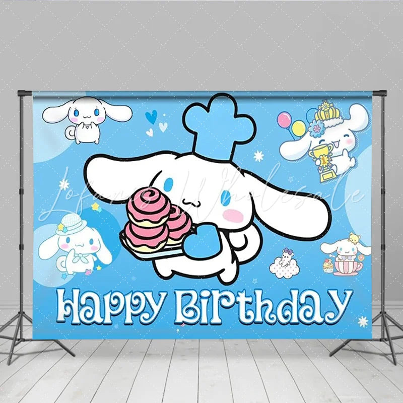 Lofaris Cinnamoroll Happy Birthday Backdrop for Boys or Girls Blue Sanrio Inspired Theme Cute Cartoon Dog Party Decor