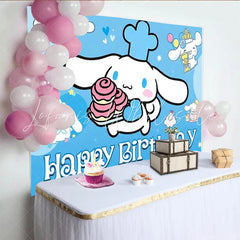 Lofaris Cinnamoroll Happy Birthday Backdrop for Boys or Girls Blue Sanrio Inspired Theme Cute Cartoon Dog Party Decor