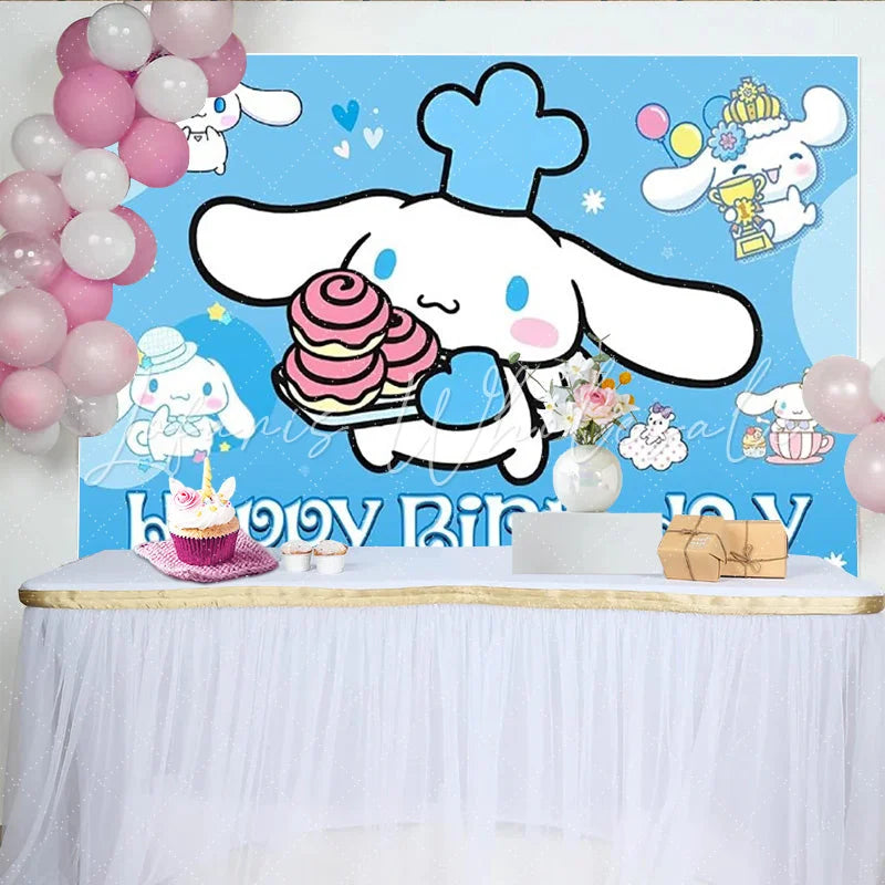 Lofaris Cinnamoroll Happy Birthday Backdrop for Boys or Girls Blue Sanrio Inspired Theme Cute Cartoon Dog Party Decor