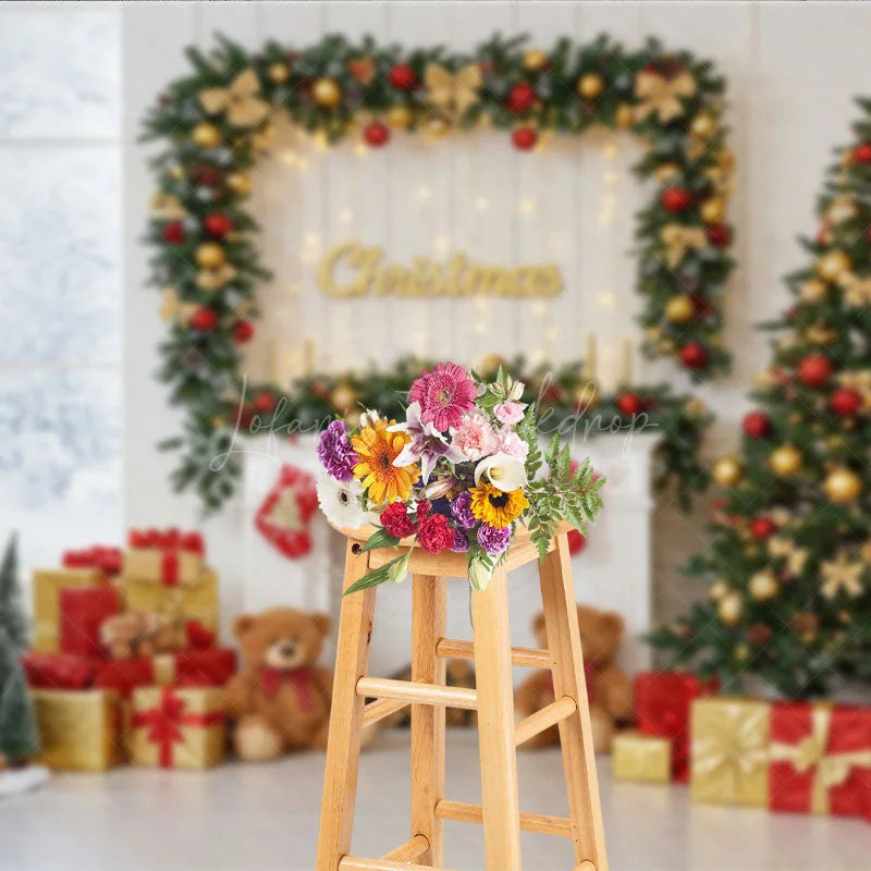 Lofaris Classic Christmas Fireplace Photography Backdrop Stockings Teddy Bears and Tree Holiday Photo Background