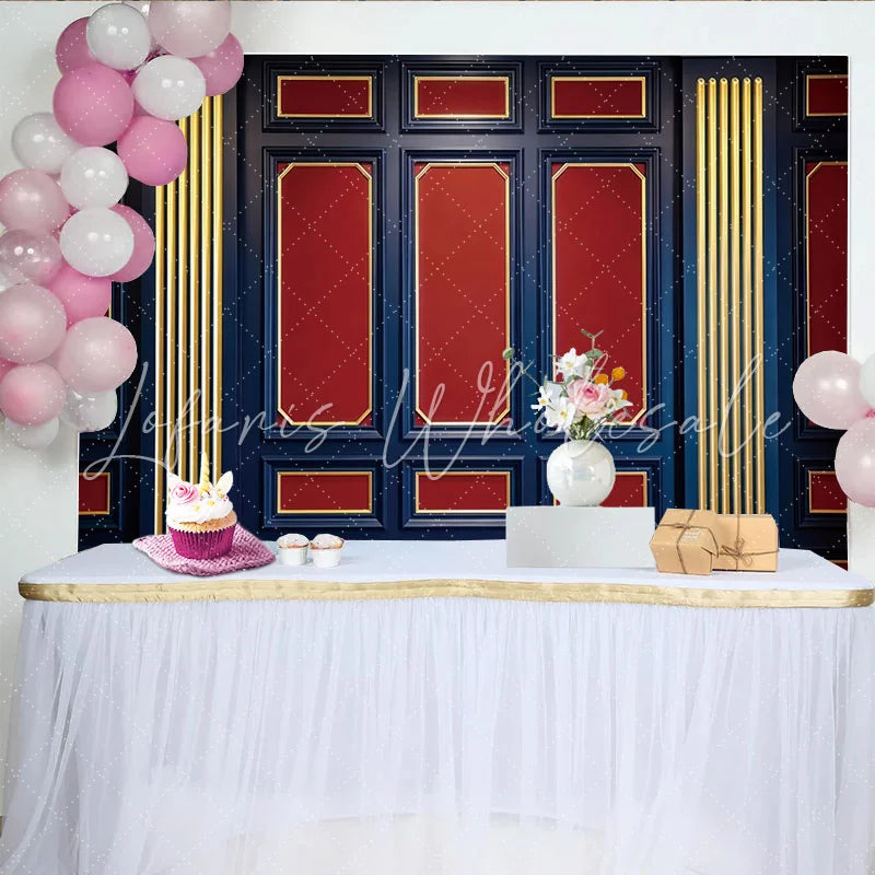 Lofaris Classic Dark Blue and Red Paneled Wall Photography Backdrop Elegant Gold Trim Studio Background for Professional Portrait