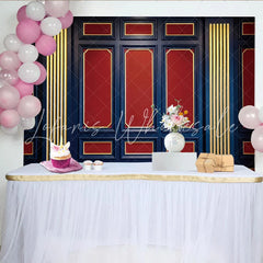 Lofaris Classic Dark Blue and Red Paneled Wall Photography Backdrop Elegant Gold Trim Studio Background for Professional Portrait
