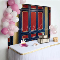 Lofaris Classic Dark Blue and Red Paneled Wall Photography Backdrop Elegant Gold Trim Studio Background for Professional Portrait