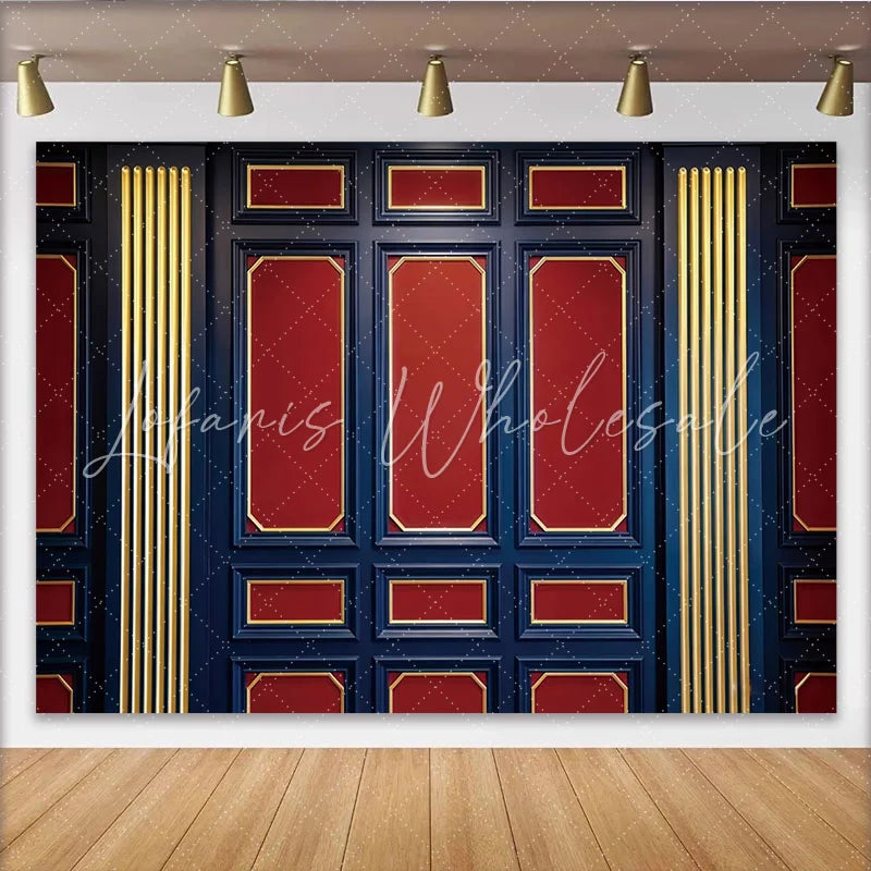 Lofaris Classic Dark Blue and Red Paneled Wall Photography Backdrop Elegant Gold Trim Studio Background for Professional Portrait