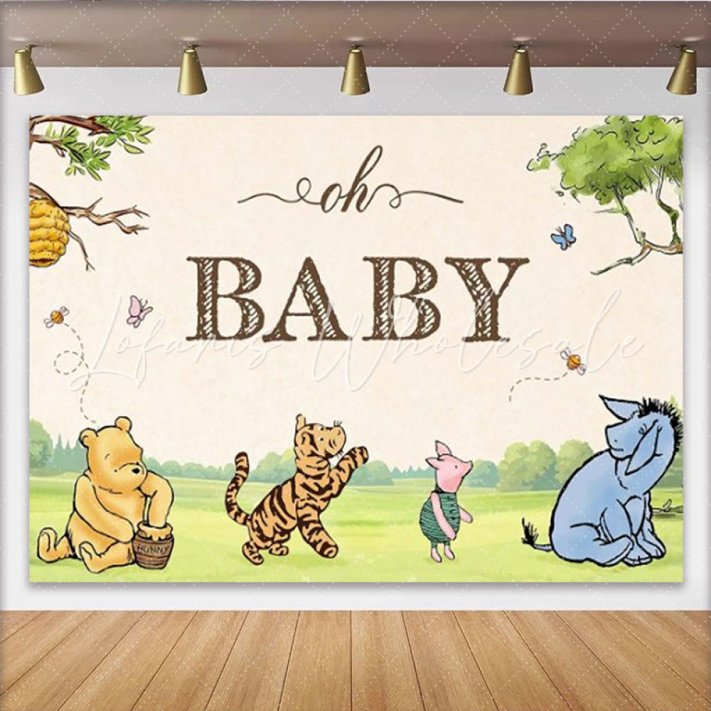 Lofaris Classic Pooh Bear Oh Baby Backdrop for Baby Shower Storybook Animals with Honey Pot Hundred Acre Wood Decor