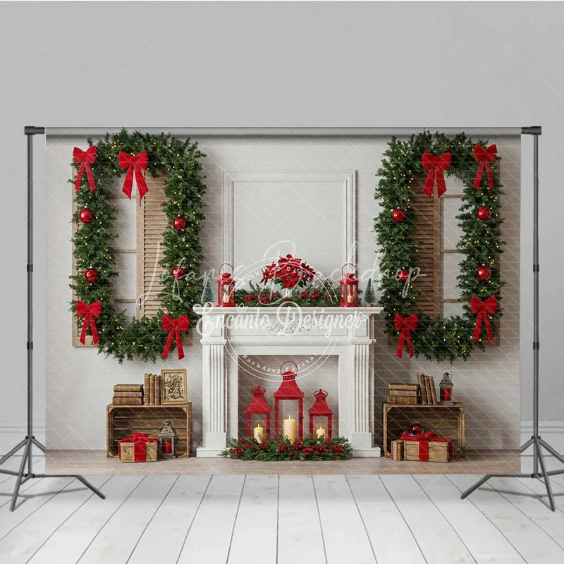 Lofaris Classic White Christmas Fireplace Photography Backdrop Wreath Framed Windows with Red Bows Elegant Holiday Background
