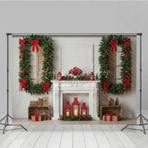 Lofaris Classic White Christmas Fireplace Photography Backdrop Wreath Framed Windows with Red Bows Elegant Holiday Background