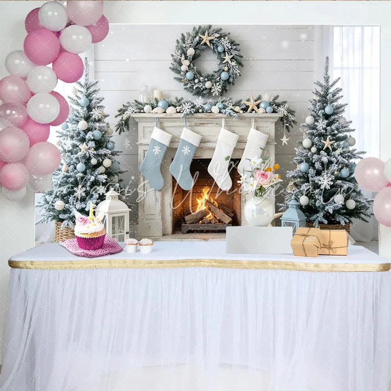 Lofaris Coastal Christmas Holiday Backdrop with Snow-Flocked Trees and Fireplace Winter Wonderland Background for Festive Home Decor