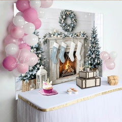 Lofaris Coastal Christmas Holiday Backdrop with Snow-Flocked Trees and Fireplace Winter Wonderland Background for Festive Home Decor