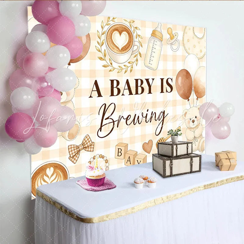 Lofaris Coffee Bear Baby Shower Backdrop with A Baby Is Brewing Text and Gingham Pattern Cute Photography Background for Party Decor