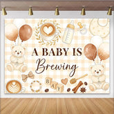 Lofaris Coffee Bear Baby Shower Backdrop with A Baby Is Brewing Text and Gingham Pattern Cute Photography Background for Party Decor