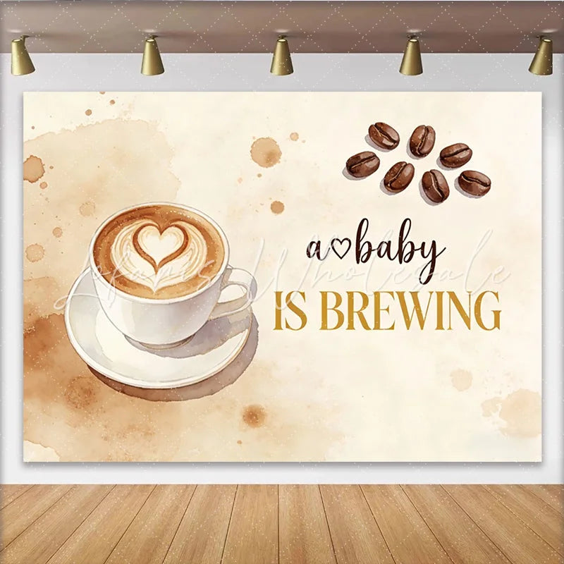 Lofaris Coffee Themed Brewing Baby Shower Backdrop with Heart Latte Art and Beans Rustic Watercolor for Pregnancy Announcement Party