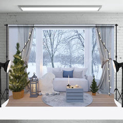 Lofaris Cold Snowy Forest Window Sofa Winter Photo Backdrop