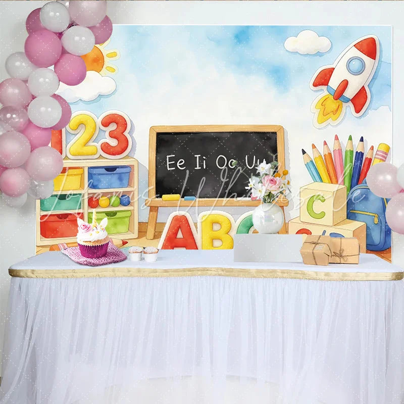 Lofaris Colorful ABC 123 Educational Photography Backdrop with Rocket and Blackboard Vibrant Classroom Learning Background for Kids