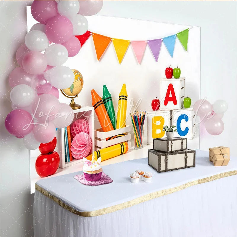 Lofaris Colorful Back To School Backdrop with ABC Blocks and Crayons Educational Photography Background for Kids Learning