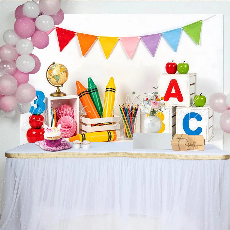 Lofaris Colorful Back To School Backdrop with ABC Blocks and Crayons Educational Photography Background for Kids Learning
