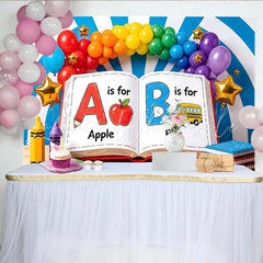 Lofaris Colorful Back To School Backdrop with Alphabet Book and School Bus Rainbow Balloons for Kids Party Decor