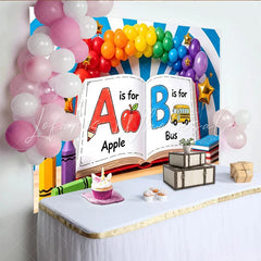 Lofaris Colorful Back To School Backdrop with Alphabet Book and School Bus Rainbow Balloons for Kids Party Decor