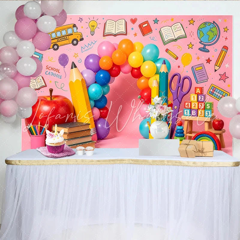 Lofaris Colorful Back To School Backdrop with Balloons and School Bus Educational Photo Background for Classroom Decor
