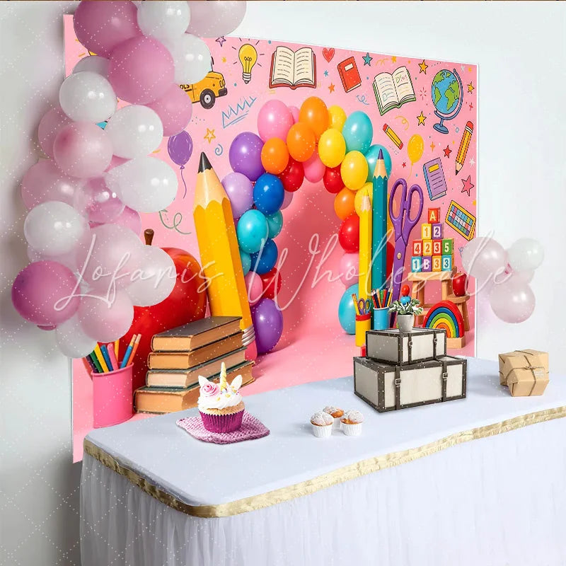 Lofaris Colorful Back To School Backdrop with Balloons and School Bus Educational Photo Background for Classroom Decor
