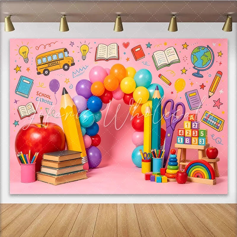 Lofaris Colorful Back To School Backdrop with Balloons and School Bus Educational Photo Background for Classroom Decor